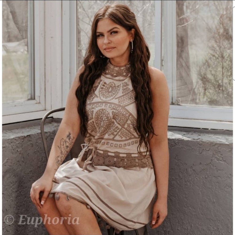 Ryu handmade embroidered eyelet crochet halter dress tan brown